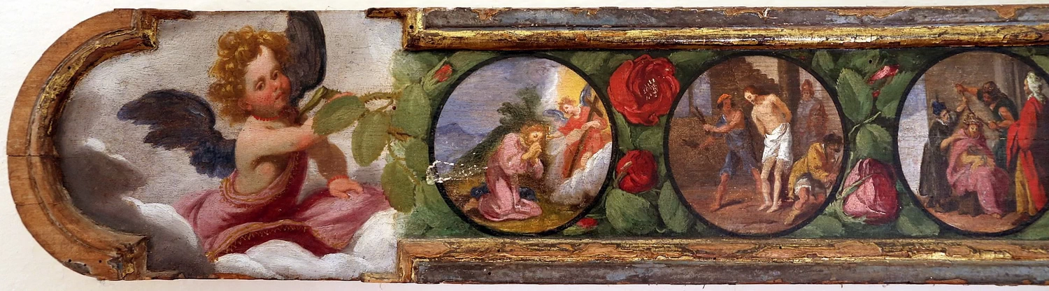 Croce penitenziale con la Madonna del Rosario, san Domenico e i misteri del Rosario - Chiesa di San Pietro, Vaglia, Firenze, dettaglio